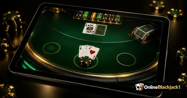 Microgaming Premier Blackjack: RNG blackjacktafel op een tablet met kaarten en fiches – OnlineBlackjack1