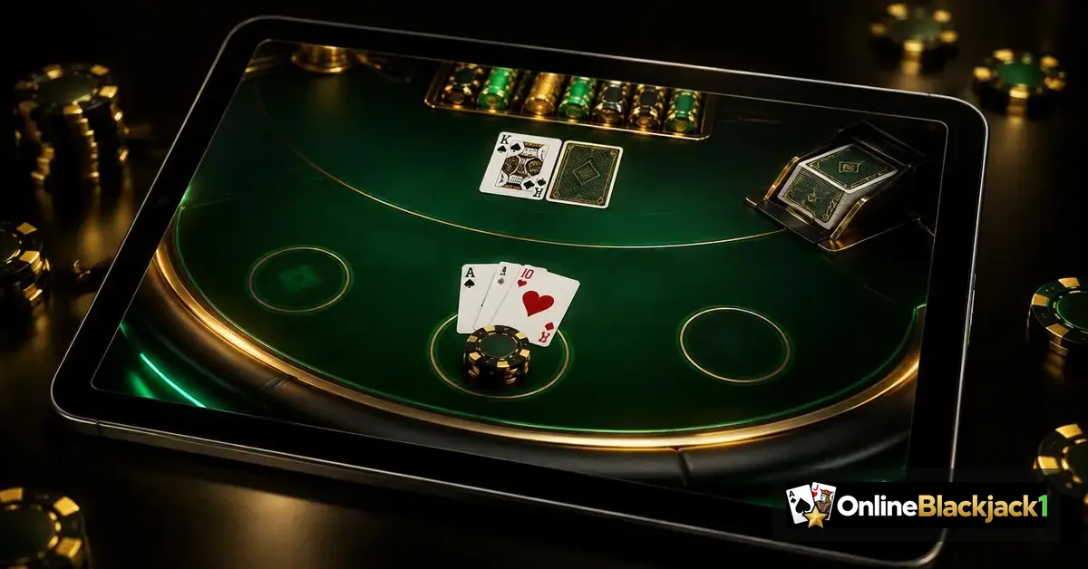 Microgaming Premier Blackjack: RNG blackjacktafel op een tablet met kaarten en fiches – OnlineBlackjack1