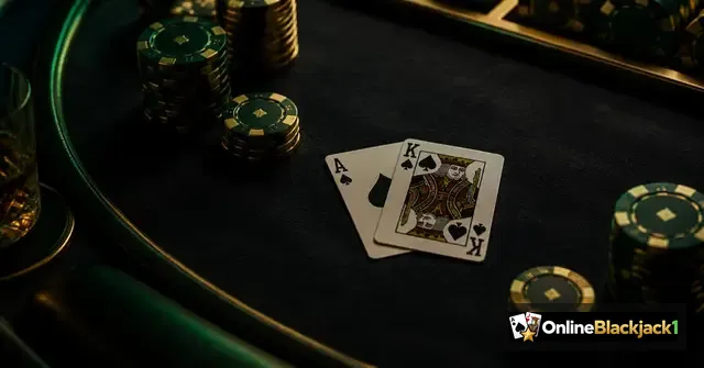 Online blackjack spelen: blackjack hand met aas en heer op een groene speeltafel met casinofiches – OnlineBlackjack1