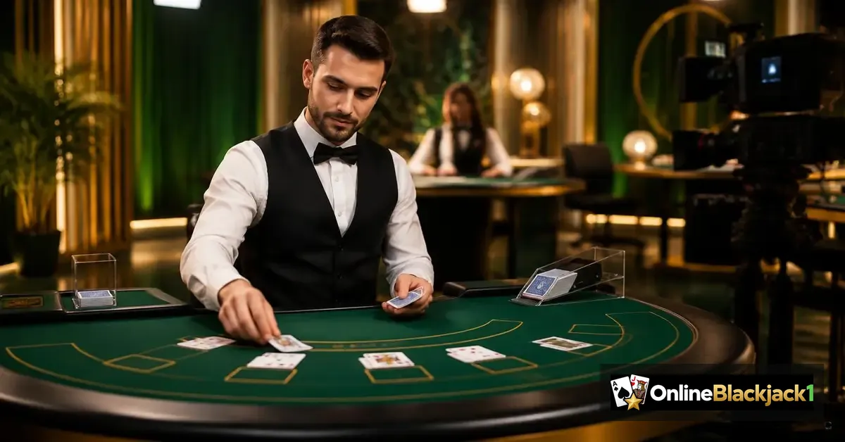 Live blackjack online: live dealer deelt kaarten aan een groene blackjacktafel in een casinostudio – OnlineBlackjack1